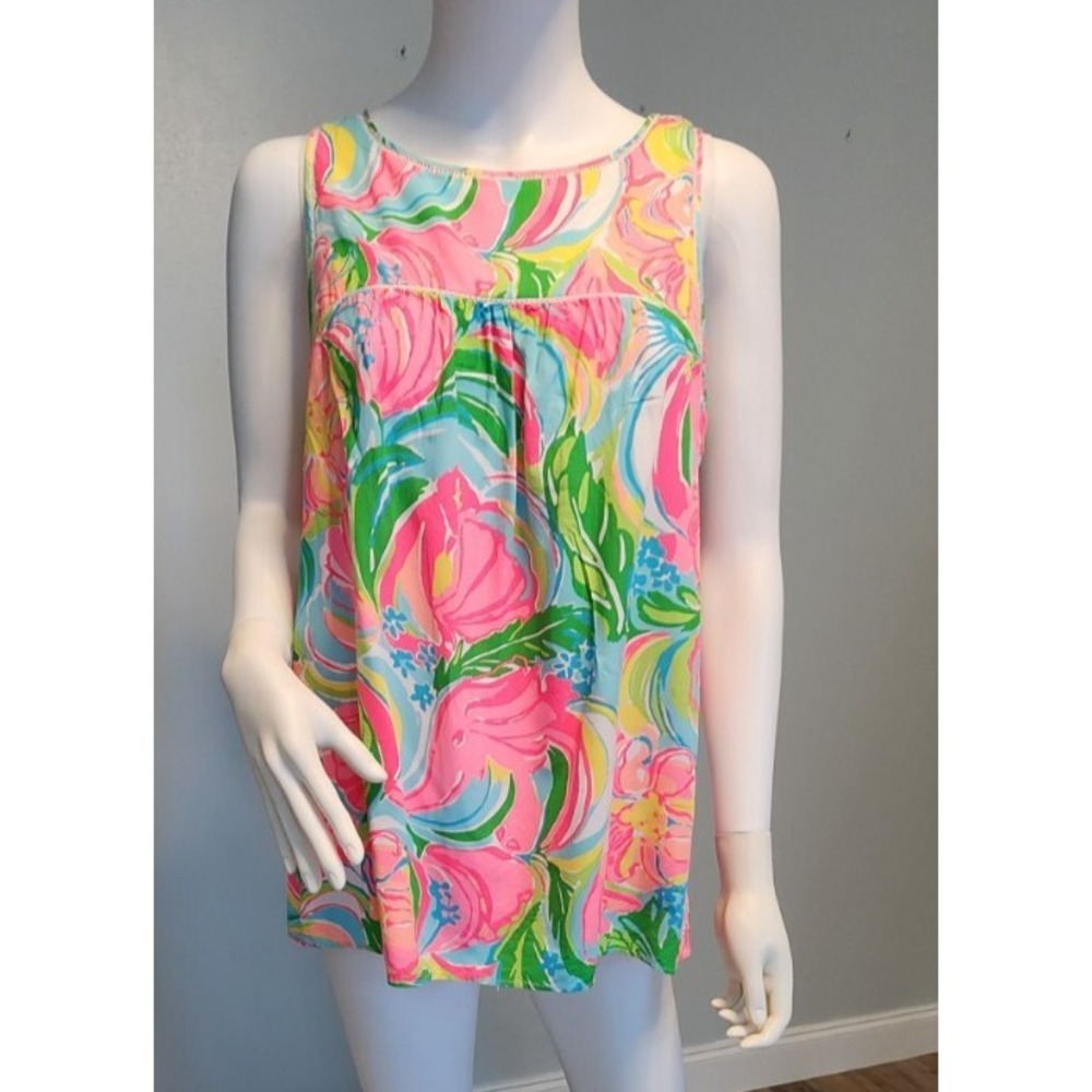 Lilly Pulitzer So A Peeling Silk Floral Blouse Top Green Pink Blue Size M